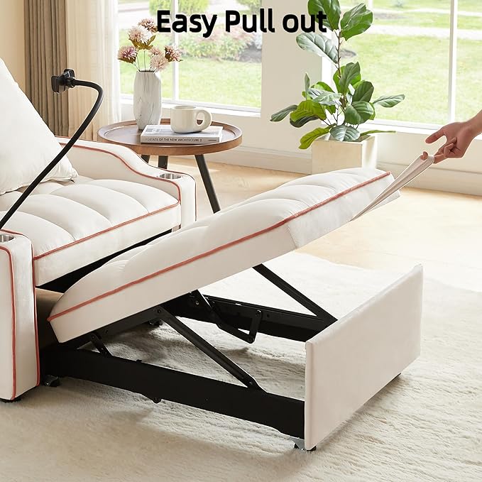 3 in 1 Convertible Sleeper Sofa Bed with Phone Holder 35'' Pull Out Sofa Bed Recliner with Adjustable Backrest Velvet Fabric Sleeper Couch Single Modern Chair for Small Space &amp RV Beige