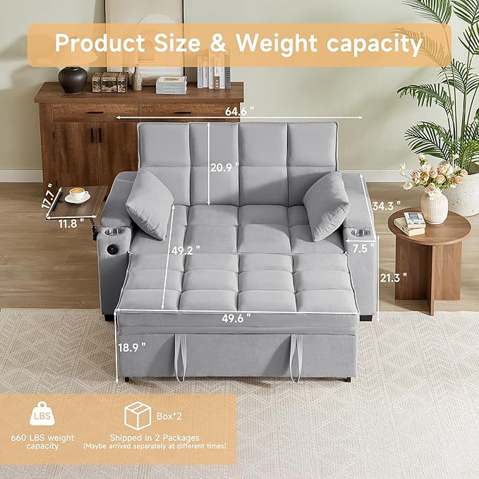 65 Sleeper Sofa Bed Loveseat Convertible Couch for Living Room RV Sofa with Adjustable Backrest Chaise Lounge Side Table USB &amp Type-C Ports