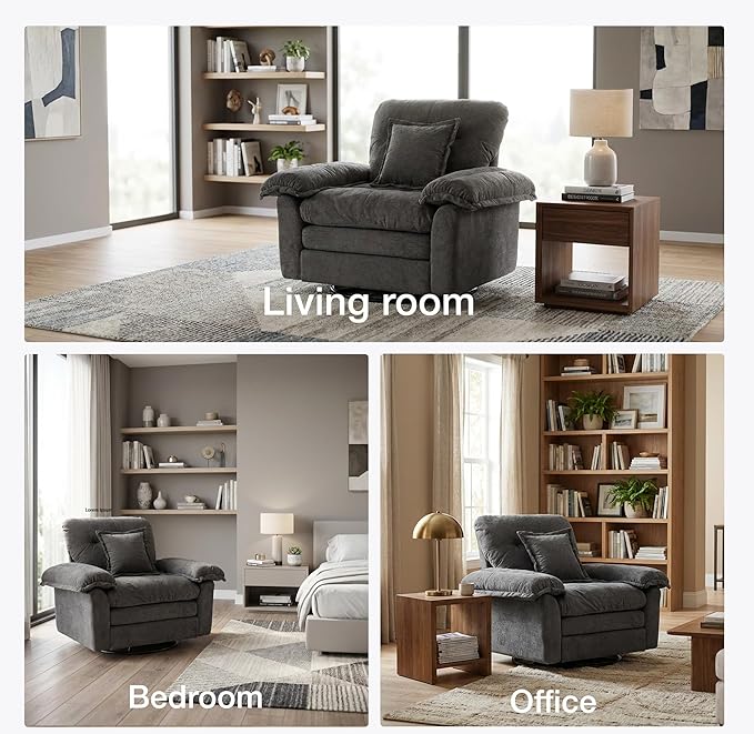 360° Swivel Accent Chair Oversized Plush Modern Chenille Armchair with Padded Seat &amp Back Comfy Spinning Chair for Living Room Bedroom Office (Grey)