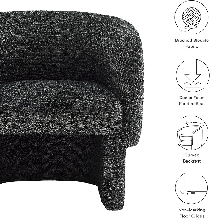 Modway Muse Comfy Barrel Accent Chair in Charcoal Boucle Fabric Cozy Round Reading Armchair – Upholstered Living Room Chair with Curved Back