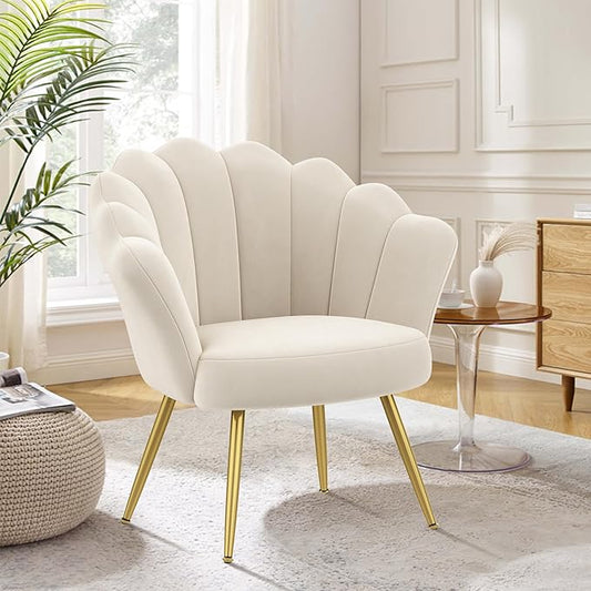 Alunaune Mid Century Velvet Living Room Chair Accent Chairs Upholstered Vanity Chair for Makeup Room Modern Barrel Arm Chair Guest Leisure Chair Comfy for Bedroom-Ivory