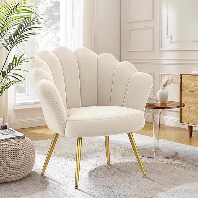 Alunaune Mid Century Velvet Living Room Chair Set of 2 Upholstered Vanity Accent for Makeup Room Modern Barrel Arm Guest Leisure Comfy for Bedroom-Ivory