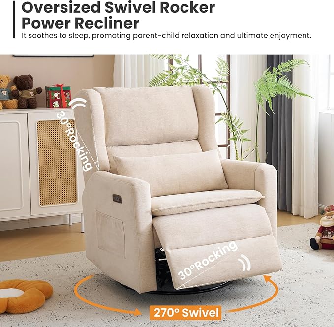 Oversized Swivel Rocker Recliner with Adjustable Headrest 26 Extra Wide Glider Recliner Nursery Chair with Double Cushion Chenille Glider Rocking Chair for Living RoomCup HolderBeige