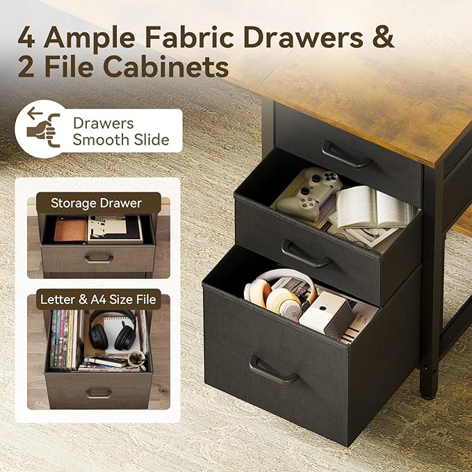 ODK 63 Inch Office Desk with 6 Fabric Drawers Large Computer Desk for Home Office with Hidden Storage Shelves Rustic Brown
