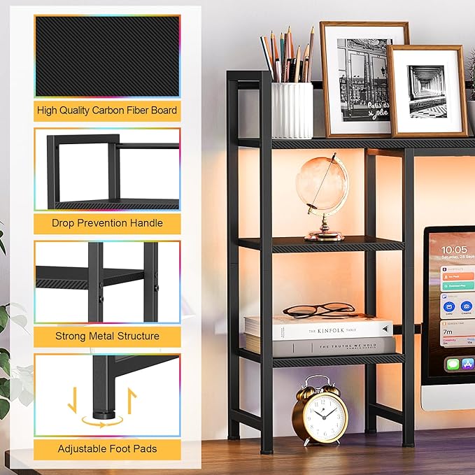 Snughome Desk Shelf with LED Strip 38.6 Desktop Organizer Shelf Desk Hutch for Computer Monitor 4 Tier Desk Display Rack Wood Desktop Bookshelf Storage Rack for Home Office Dorm