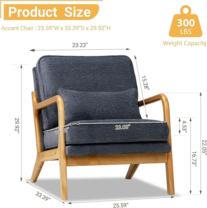 Modern Accent Chair Mid Century Wooden Upholstered Armchair with Lumbar Pillow &amp Removable Soft Cushion Reading Chair for Living Room Bedroom BalconyCoffee(Beige/Blue/Green/Grey)