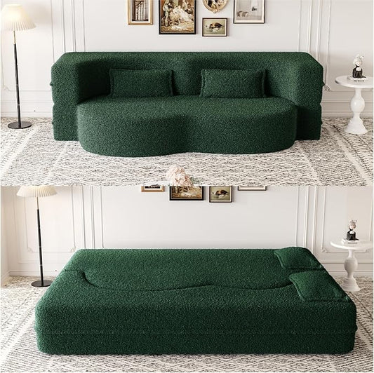 Ball &amp Cast 78 Floor Sofa Bed with 2 PillowsConvertible Teddy Fabric Foam-Filled Sleeper Sofa BedPull Out Couch Full Size Folding Mattress for Living RoomPlayroomNo Assembly RequiredGreen