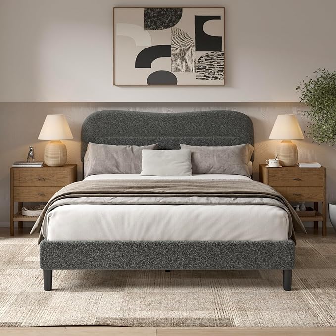 Queen Size Bed Frame with Headboard Upholstered Bed Frame Queen Size Teddy Soft Boucle Fabric Soft Cloud Marshmallow Shape Upholstered Headboard No Box Spring Needed Noise Free (Grey)