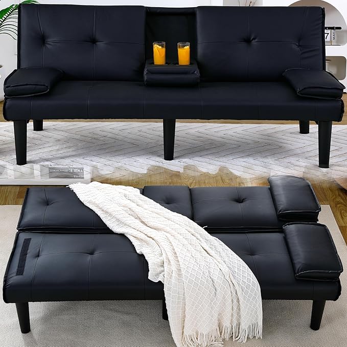 67” Futon Sofa Bed with Pillows Modern Convertible Futon Couch with 2 Cup Holders &amp Removable Armrests for Small Spaces Living Room Solid Wood Frame (Black-PU Leather)