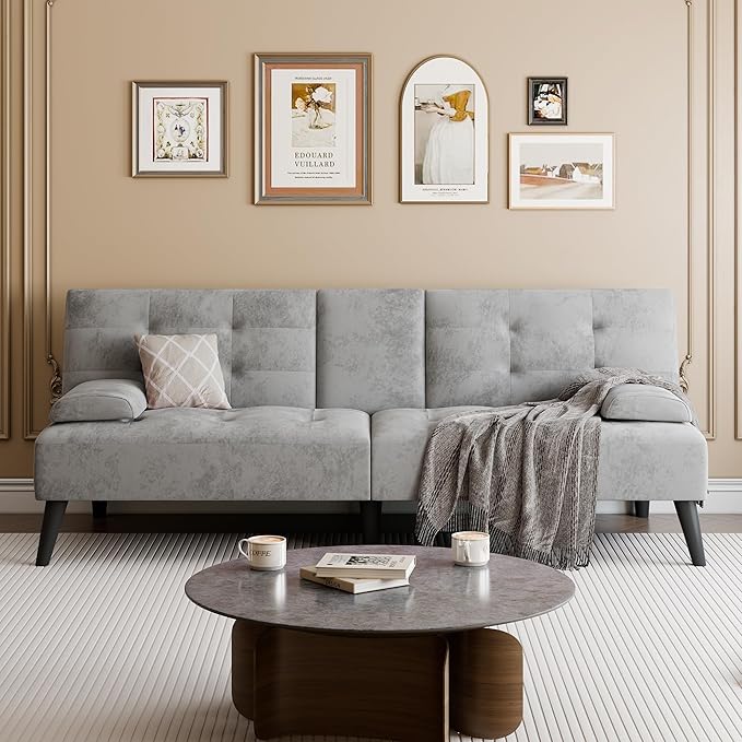 Meilocar 64 Futon Sofa Bed Convertible Loveseat with 2 Cup Holders Small Couch with 3 Adjustable Angles &amp Removable Armrest Modern Sleeper Sofa for Apartment Office 5.3 FT Light Grey