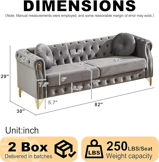 ERYE 82-Inch Button Tufted Sofa Couch with 2 Round Pillows 3 Seat Velvet Tufted Sofa Spacious Chesterfield Loveseat Couches W/Nailhead DecorRing Accent &amp Golden Legs