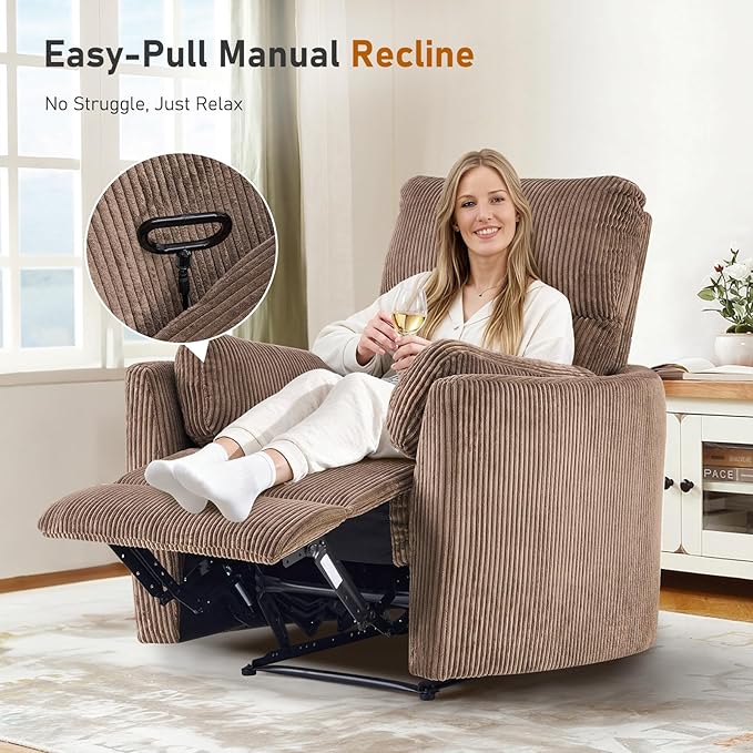 Furnimart Oversized Manual Recliner Chair for Adults 30 Extra-Wide Corduroy Recliner with Chunky Cushion High Back &amp Padded Armrests Comfy Chair for Living Room Bedroom Home Heater(Brown)