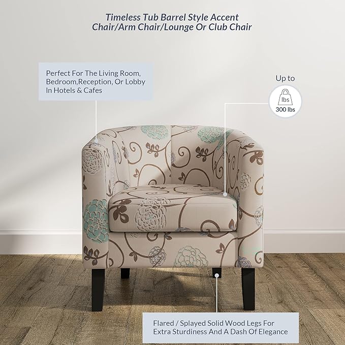 BELLEZE Living Room Chair Linen Round Accent Barrel Chair Club Tub Sofa Chair for Bedroom Corner Chair with Flared Legs and Cozy Soft Padding - Highland (Floral Print)