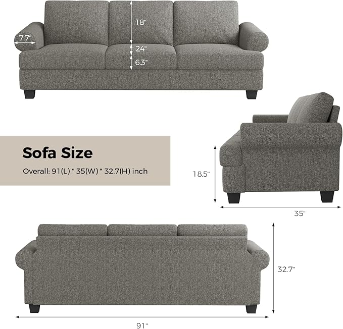 91 Inch Lawson Sofa with Extra Deep Seats Oversize Mid-Century 3-Seat Sofa Couch for Living Room Apartment Lounge Light Gray