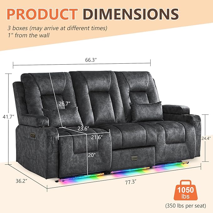 Houjud Wall Hugger Power Recliner Sofa 3-Seater RV Couch Reclining Sofa with LED Lights USB Ports Cup Holders Side Pockets Outlets Drawer for Living Room and Home Theater Velvet Grey