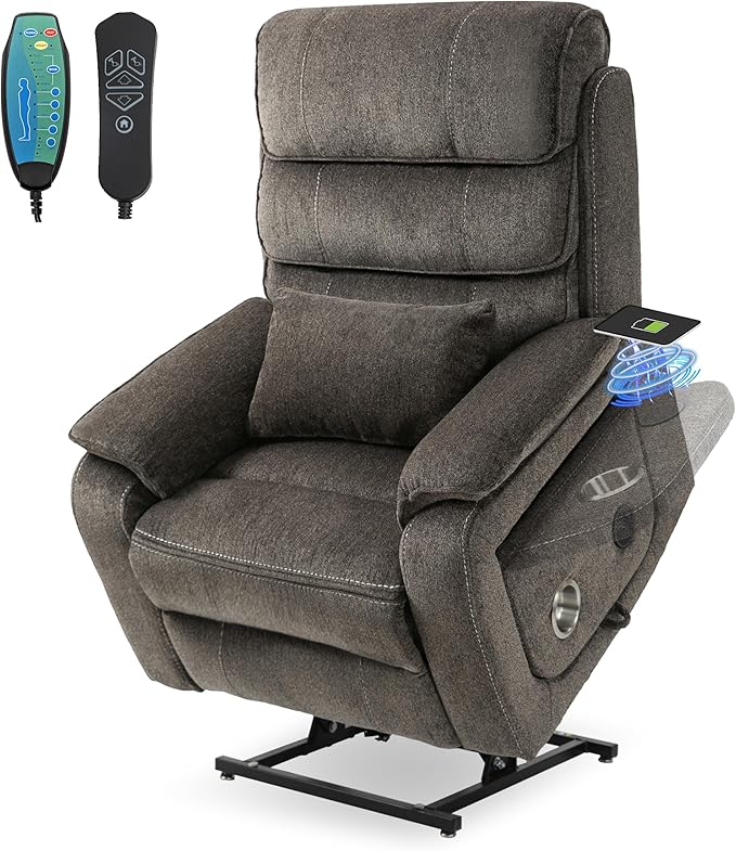 Lift Chair Lay Flat Recliner Heat Massage Dual Motor Infinite Position Power Recliners with Left Side Tray Table-Wireless ChargerCup Holder (Dark Grey Chenille Fabric)