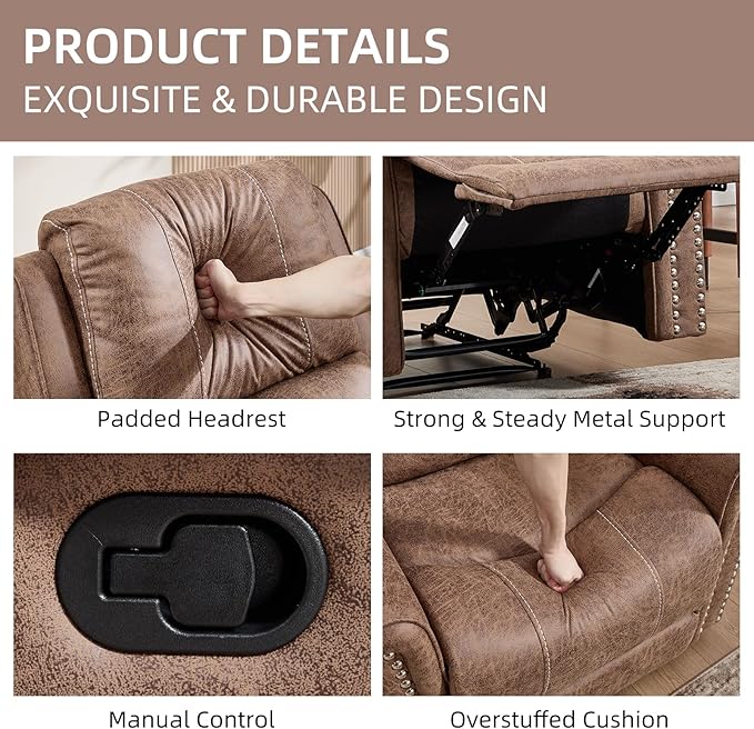 EBELLO Manual Reclining Loveseat Faux Leather Dual Double Recliner Sofa with Center Console Hidden Storage &amp Cup Holders Vintage Rivet Mid-Century Modern Design for Living Room Brown