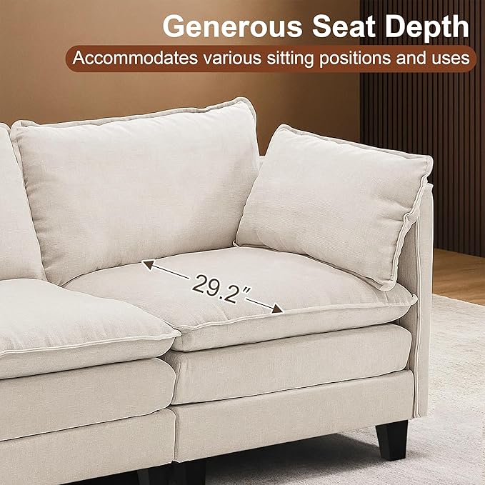 111” Modular Sectional Sofa L Shaped Cloud Couch with Ottoman Chenille Deep Seat Sofa with Pillow for Living Room Bedroom and Apartment 6 Seats Beige