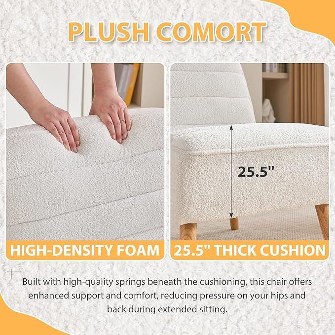 Armless Accent Chair Single Sofa Chair Mini Cute Side Sofa with Sherpa Fabric Upholstered Cushion for Small Space Apartment Bedroom Living Room White.