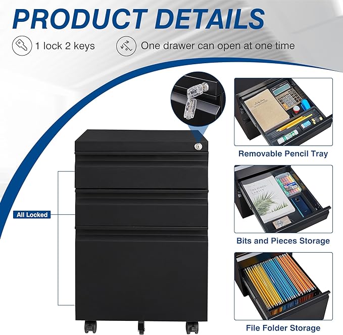 3 Drawer Mobile Metal File Cabinet Black Filling Cabinets with Lock Pre-Built Office Storage File Cabinet with Wheels Under Desk - Assembled Required