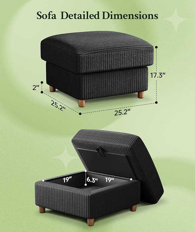 25.2 Couches for Living Room Comfy Black Ottoman with Storage Foot Rest Tool-Free Setup Small Ottoman Foot Rest for Couch Corduroy Couch for Bedroom Apartment Office