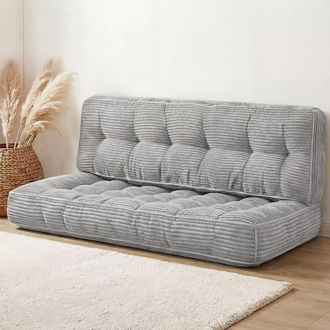 63 Inch Folding Bench Cushion 4 Inch Thick 2-in-1 Convertible Long Floor Lounger Boneless Cushions Couch Mattress Upholstered for Yoga Reading Sleeping Meditation Living Room(Light Grey)