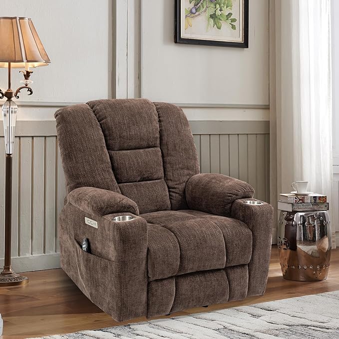 Power Lift Recliner Chair for Eldery Chenille Electric Recliner Chairs with Massage and Heat Remote Control Standing Assistance Lay Flat Recliner Sofa for Living Room Medium-FirmBrown