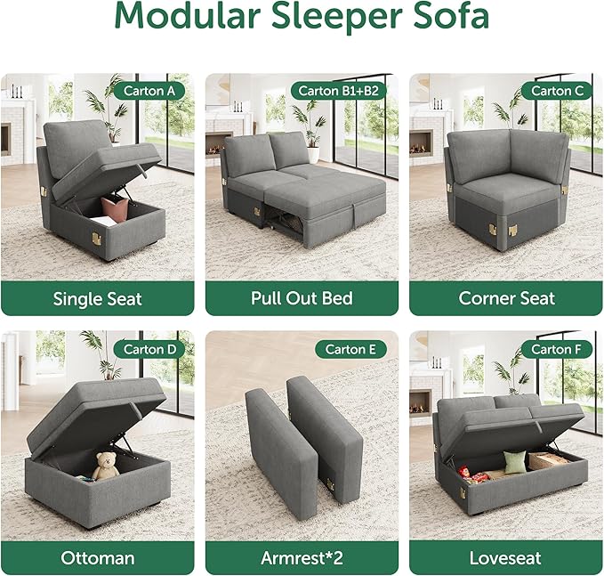 HONBAY Square Ottoman Module for Modular Sectional Sleeper Sofa Storage Ottoman Footrest and Seat Cube Grey