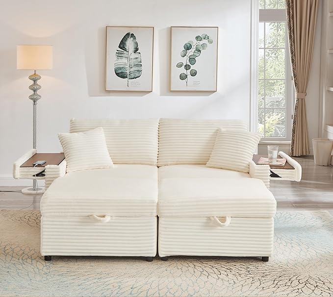 Chaise Lounge Chair Indoor 68 W Corduroy Loveseat Sectional Couch with Sorage Ottoman/Wing Table/Charge Ports/Cup Holder Modern Comfy Deep Seat Reading L-Shape Sofa for Living Room White