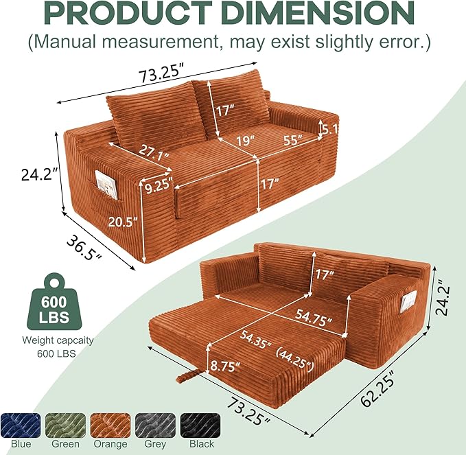 73 Convertible Sofa Bed 2 in 1 Folding Couch Bed Boneless Couch in a Box Cloud Loveseat Sleeper Fold Out Comfy Floor Futon Sofa with 2 Pillows for Living Room Bedroom No Assembly (Orange 73)