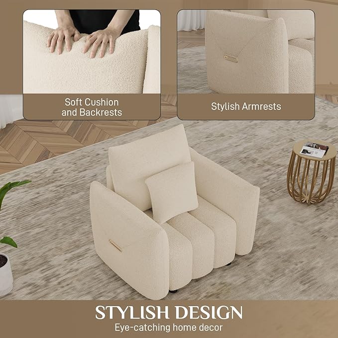 OUYESSIR 38 Modern Accent Single Sofa Chair Comfy Deep Seat Teddy Living Room Chair Leisure Boucle Reading Sofa Arm Chair for Bedroom Office Apartment Light Brown