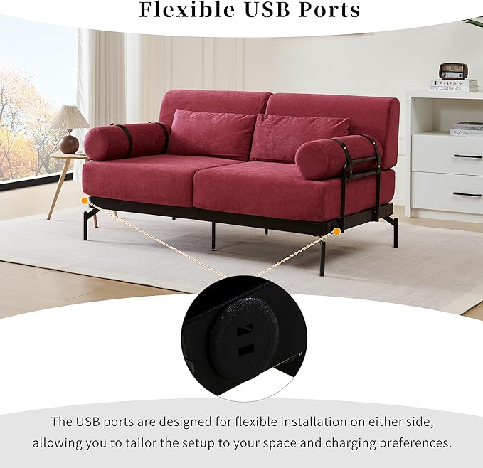 Merax Modern Loveseat Sofa 59 Sofa Couch 2-Seater Sofa with Flexible USB Ports Unique Cylindrical Armrests for Living Room Red