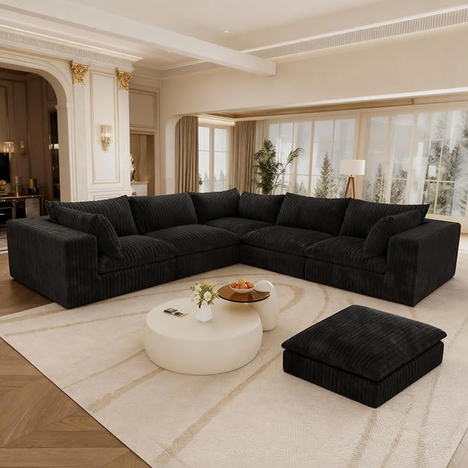 V-Shaped Corner Corduroy Boneless Sofa Couch with Thick Cushion&ampMemory Foam 118.2 Modular Sectional Couches No Assembly Required Cozy Cloud Fluffy Sofa with Ottoman for Living Room(Black) | Br