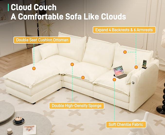 DYHOME l Shaped Sectional Couch with Padded Armrests Modern Modular Sectional Sofa 3 Seat with USB/Type-C Charging Port 27 Inch Deep Seat Chenille Cloud Couch with 5 Pillow for Living Room Bedroom