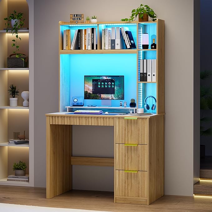 HNEBC Home Office Desk with Hutch and Drawers - 39 Standing Computer Desk with Charging Station&amp3 Color LightsHidden Compartment &amp Fluted Panel Design LED Writing Desk for Bedroom Study (N