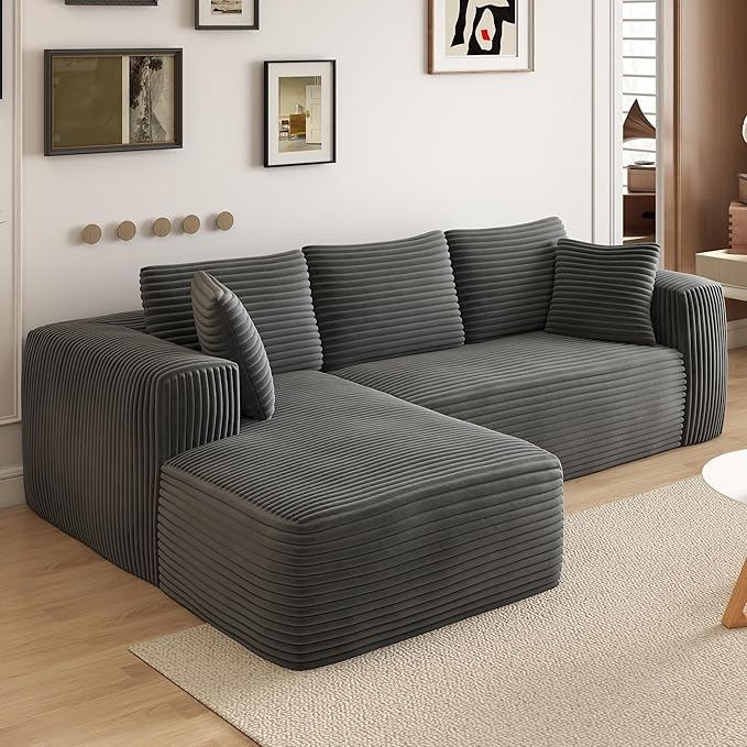 No-Assembly Cloud Sectional Sofa with L-Shaped Chaise Modern Modular Design for Living Room Features Deep Seat and Plush Corduroy Fabric Effortless Setup for Instant ComfortGrey