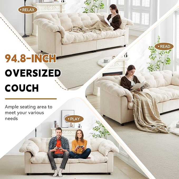 3-Seater Couch 94.8-inch Oversized Modern Comfy Tufted Chenille Fabric Cloud Fluffy Foam Deep Seat Soft Loveseat Sofa Couch for Living Room Bedroom Office Beige