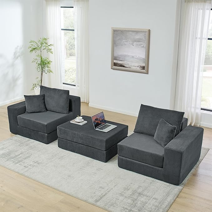 Boneless Couches for Living Room Modern Corduroy Couch Convertible Sleeper Sofa Folding Sofa Bed Mattress Couch for Bedroom Small Spaces - No Assembly Needed in Grey