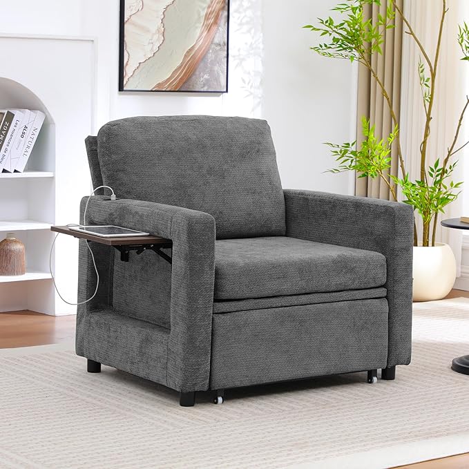 3 in 1 Folding Convertible Sleeper Sofa Bed Pull Out Couch with Side PocketsUSB PortSide TableLoveseat Sofa Bed with Adjustable Backrest for Living Room Bedroom 66 Darkgrey 1 SEAT