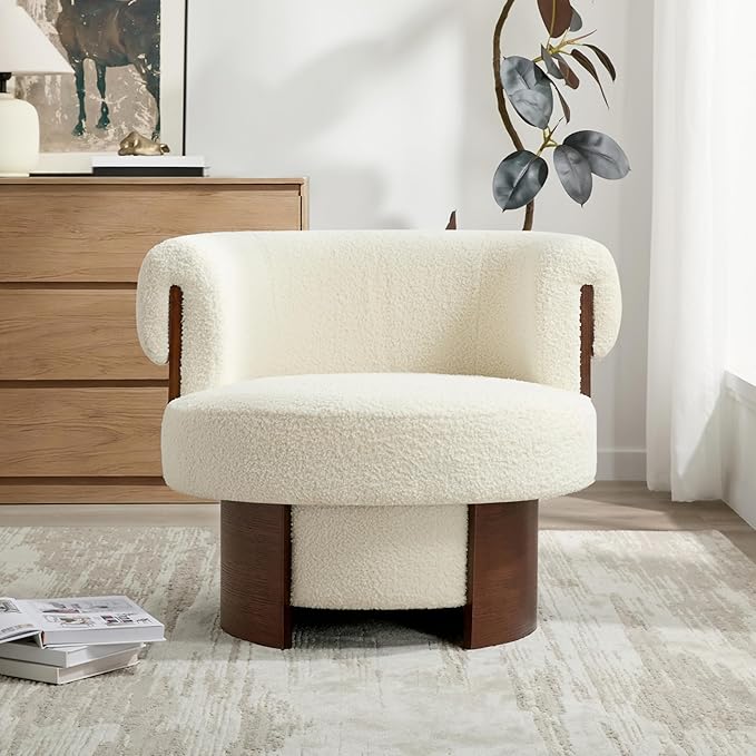Scott Living Scrolla Boucle Upholstered 360° Swivel Accent Chair Teddy Fleece Swivel Barrel Chair Modern Vanity Chair for Living Room Bedroom Beige