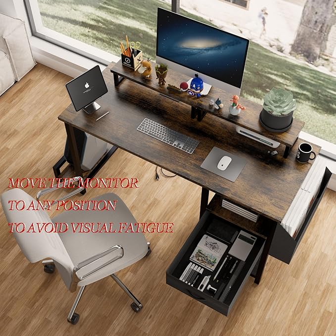 Computer Desk with Drawer and Power Outlets 47 Office Desk with 2 Monitor Stands and Fabric File Cabinet Writing Gaming Table with Shelves and Hooks for Home Office Rustic Brown