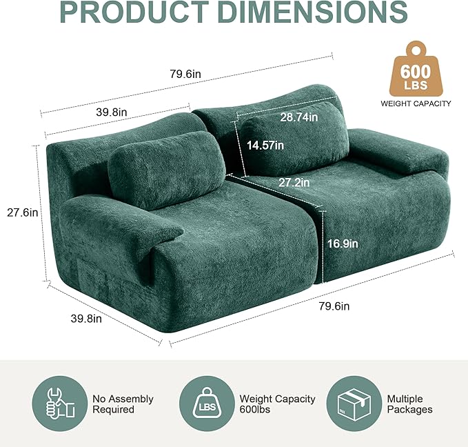 Multiple Modular Boneless Couches for Living Room Cloud Sectional Sofa with Comfy Deep Seat Oversized Loveseat Couch for Bedroom Apartment No Assembly 2 Modules Combined Dark Green