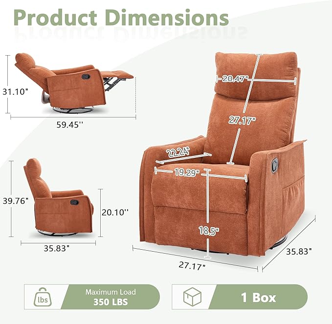cinkehome Swivel Rocker Recliner Chair with Heated Massage Rocking Reclining Chairs for Nursery Small Spaces High Back Side Pocket