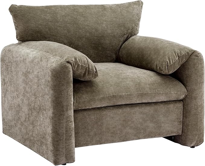 Modern Style Armchair Chenille Oversized Single Sofa Lounge With Curved Backrest and Open Back Fabric Upholstered Accent for Living Room Bedroom (Matcha Green 007)