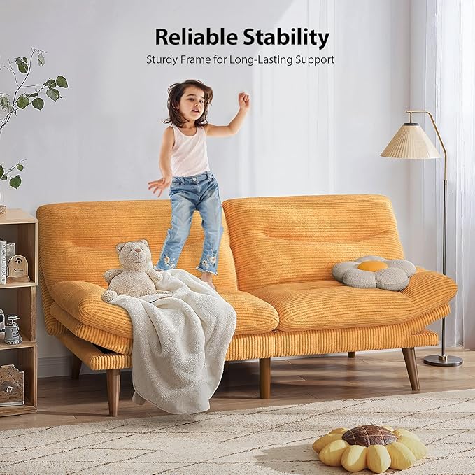 Pipishell Futon Sofa Bed Modern 66 Futon Couch Convertible to Bed &amp Lounger Compact Size Corduroy Loveseat Durable Construction - Fits Small Spaces ApartmentsStudy Room (Yellow 66 Inch) |