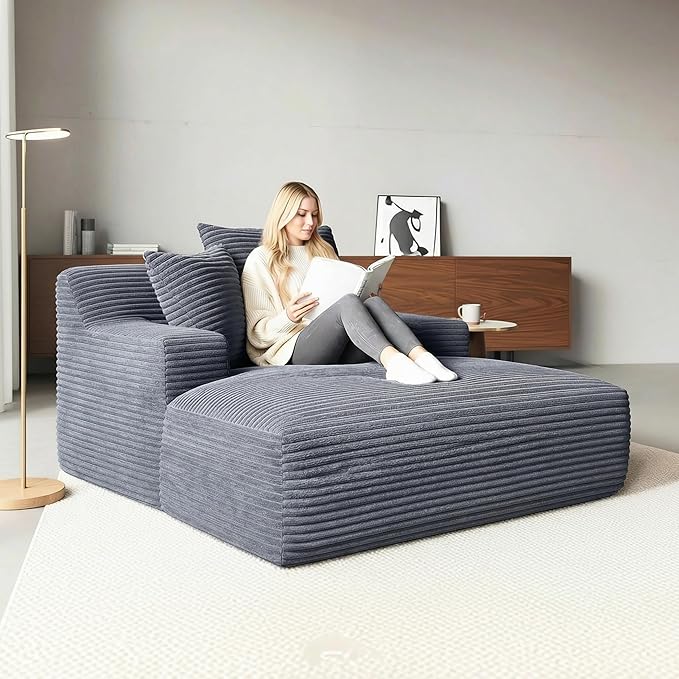 Container Furniture Chamden Oversized Chaise Lounge Chair Modern Corduroy Sofa Bed with Full Foam Cushioning Cozy Convertible Sleeper for Living Room or Bedroom Grey