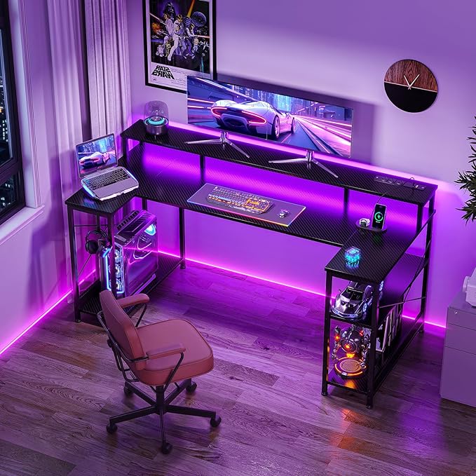 ODK 55 Inch Gaming Desk with LED Lights and Power Outlet U-Shaped Computer Desk with Monitor Stand and Storage Shelves PC Gamer Table for Home Office Carbon Fiber Black