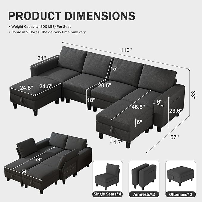 Modular Sectional Sofa 110 Modular Couch with Storage &amp Adjustable Backrest 6-Seat Convertible Sectional Couches for Living Room Modern U-Shaped Comfy Couch