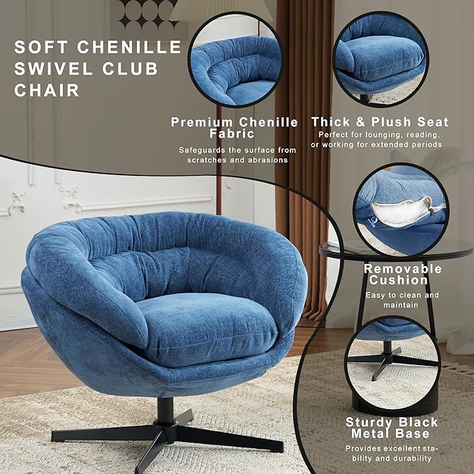 360°Swivel Accent ChairModern Chenille Office ChairRound Office Chairswith Removable CushionBlack Metal Base for Living RoomBedroomReading CornerOfficeAntique Navy Blue