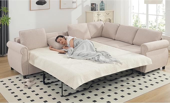 104 2-in-1 Queen Convertible Sleeper Sofa Bed Pull Out Couch Bed6 Seater Sofa Bedwith 3.35 Memory Foam MattressL Shaped Sleeper Sectional Sofa Couch with Rivet HandrailLiving Room